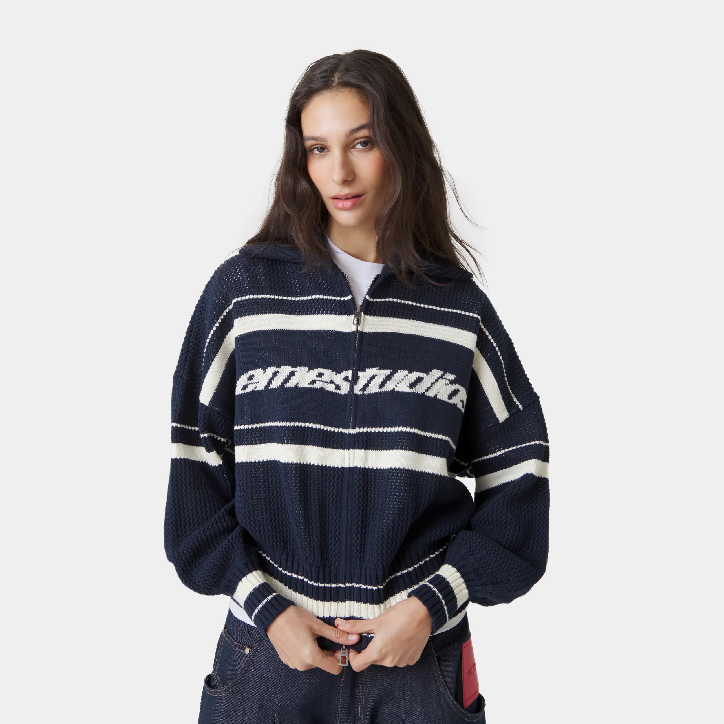 Unit Knited Navy Full Zip Knitwear Eme Studios