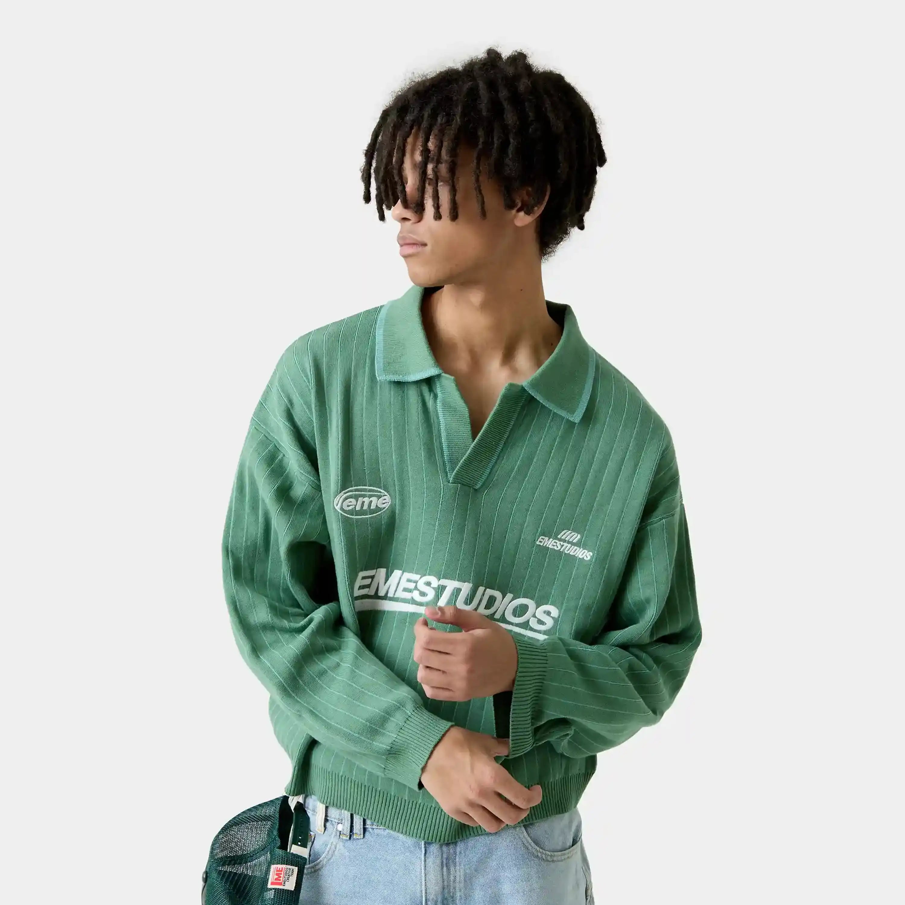 Pinstripe Deep Grass Knit Polo Knitwear Eme Studios