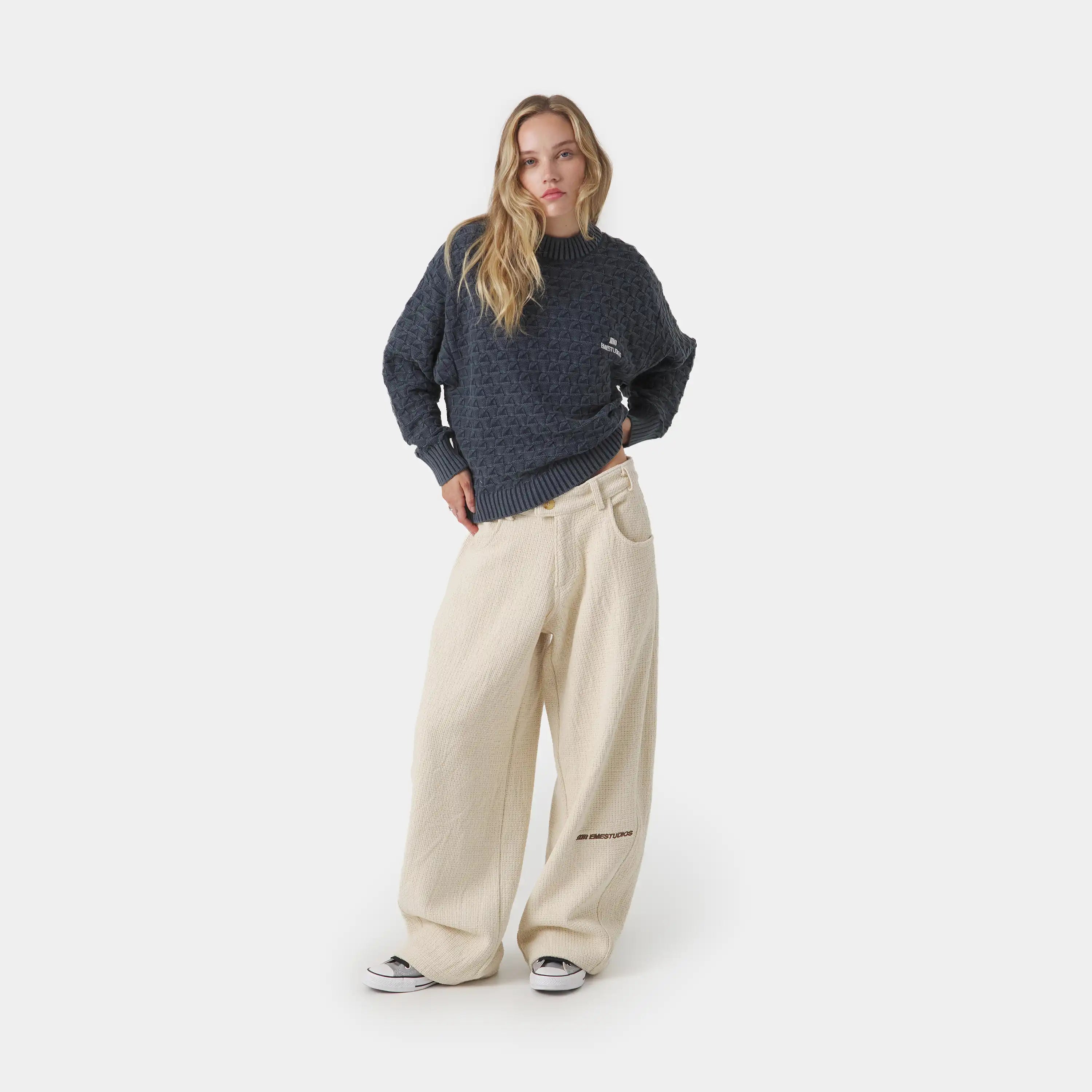 Grid Navy Cable Knit Sweater Knitwear Eme Studios