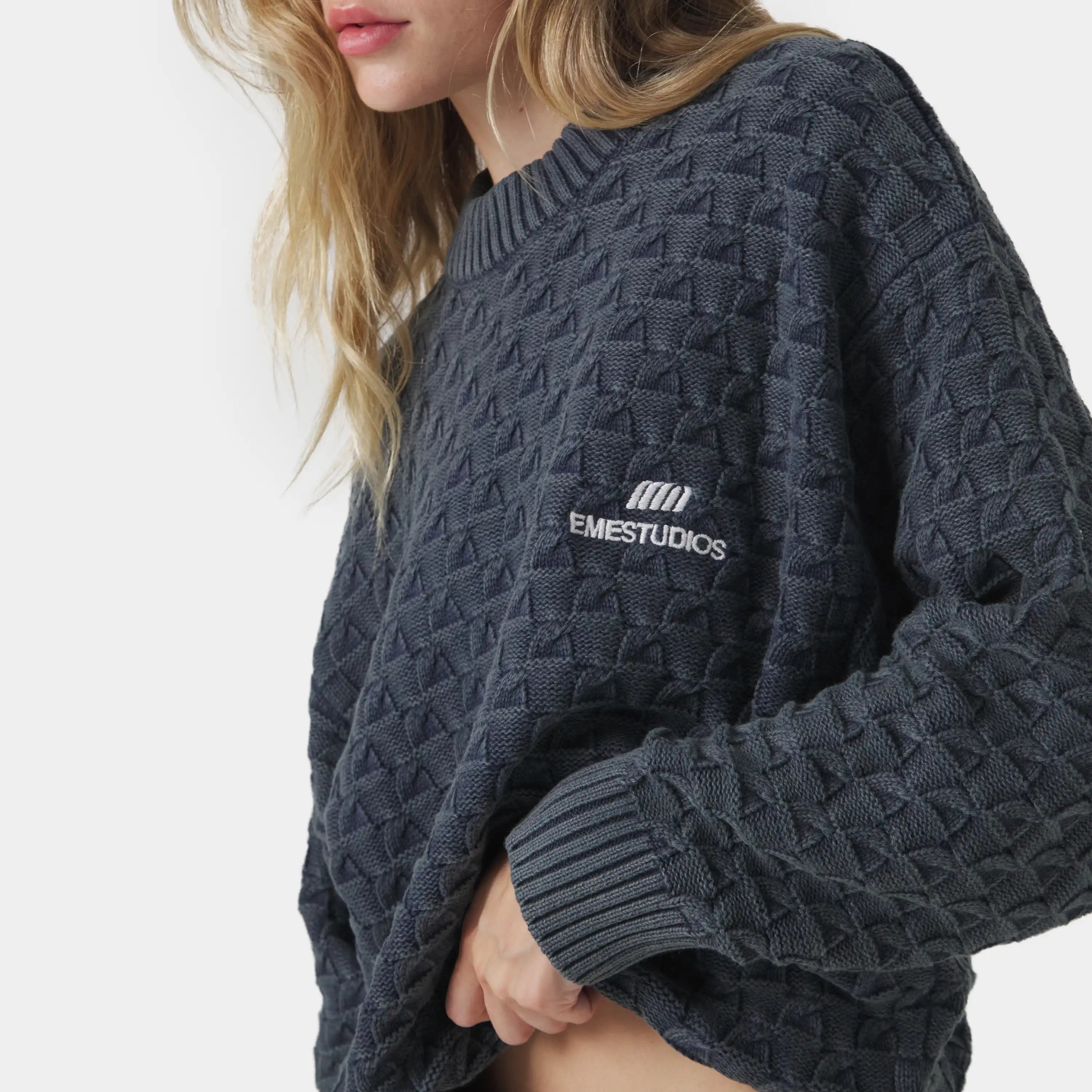 Grid Navy Cable Knit Sweater Knitwear Eme Studios