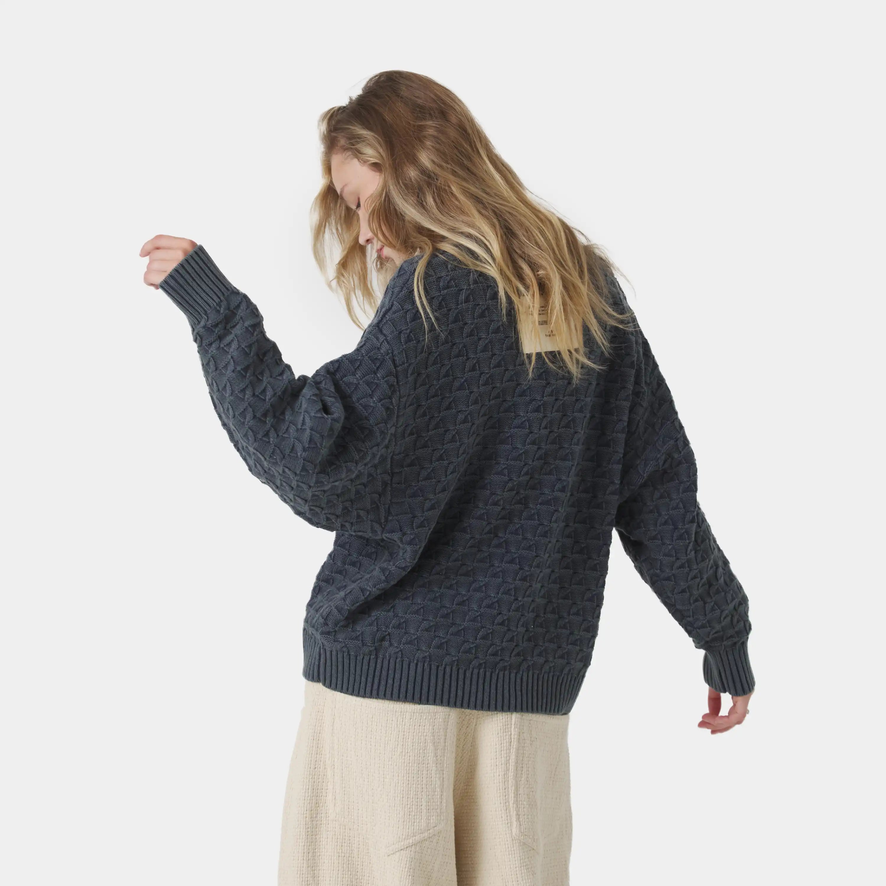 Grid Navy Cable Knit Sweater Knitwear Eme Studios