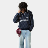 Pinstripe Navy Knit Polo Knitwear Eme Studios
