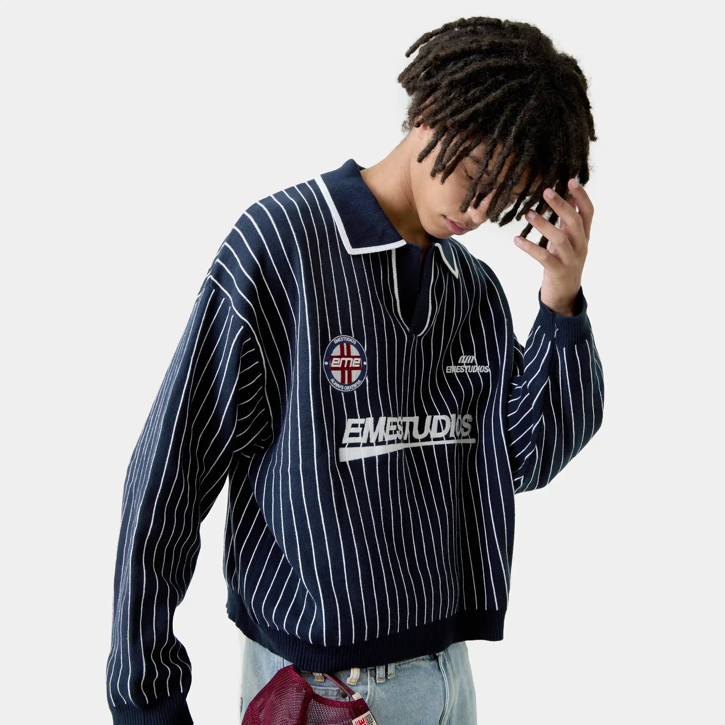 Pinstripe Navy Knit Polo Knitwear Eme Studios