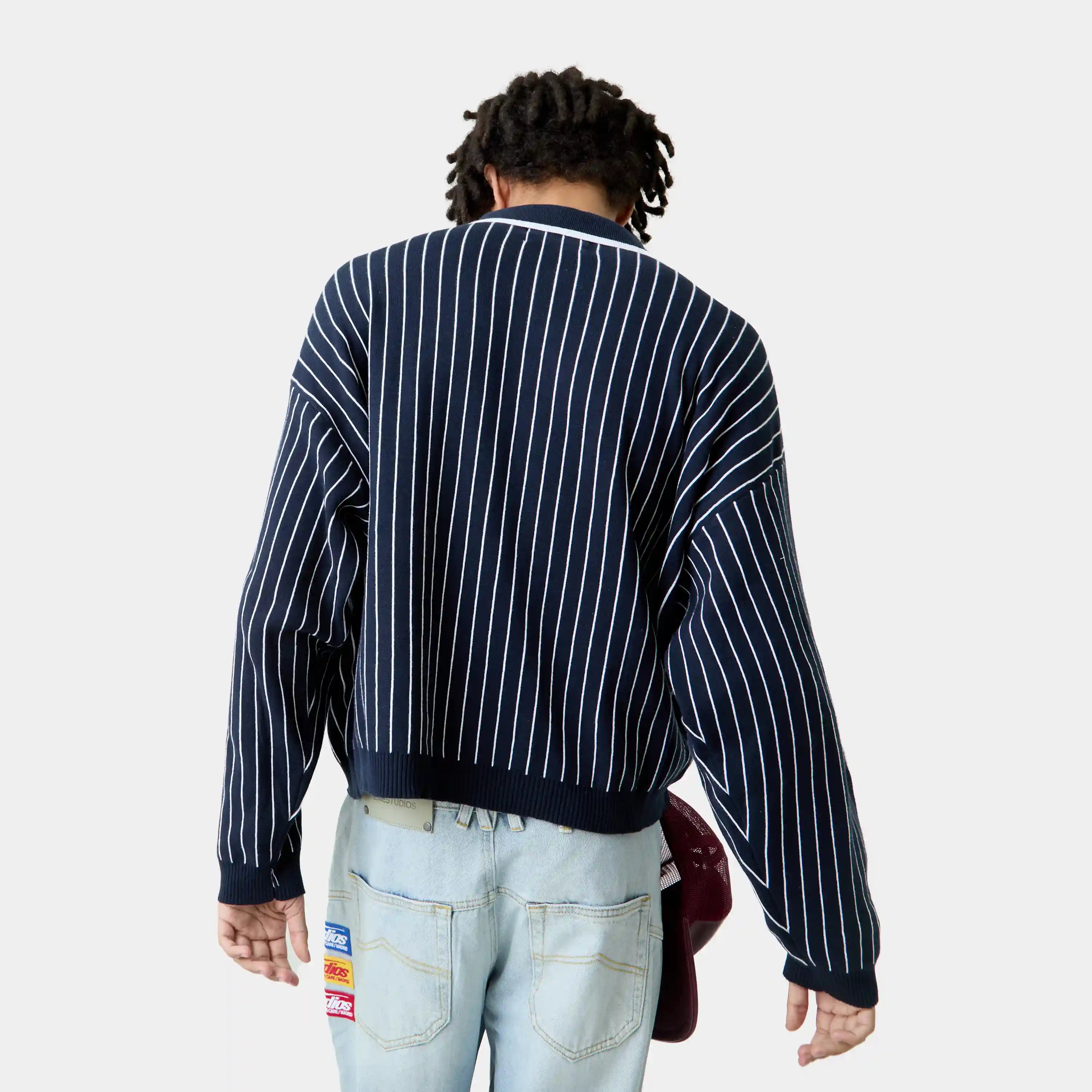 Pinstripe Navy Knit Polo Knitwear Eme Studios