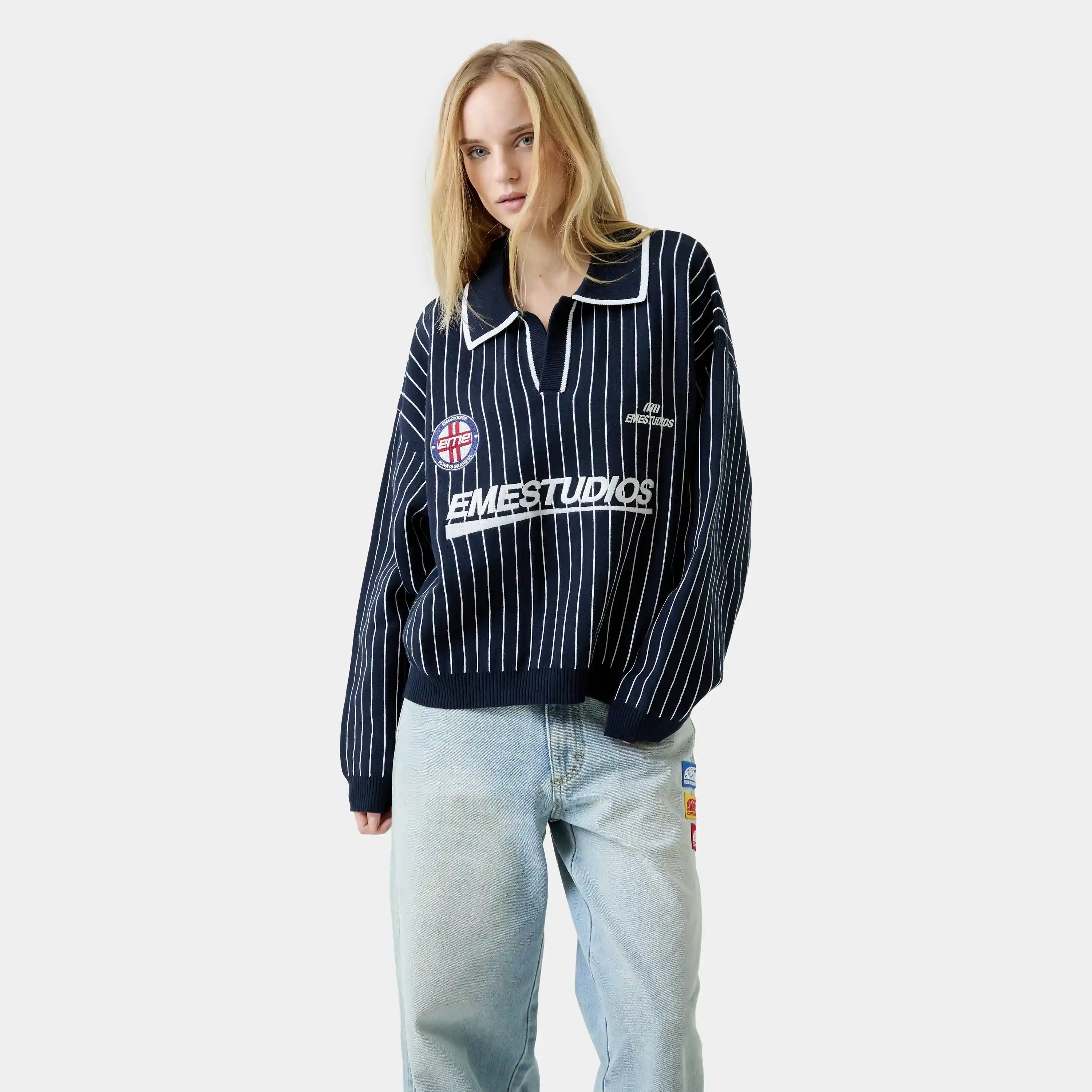 Pinstripe Navy Knit Polo Knitwear Eme Studios