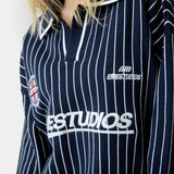 Pinstripe Navy Knit Polo Knitwear Eme Studios