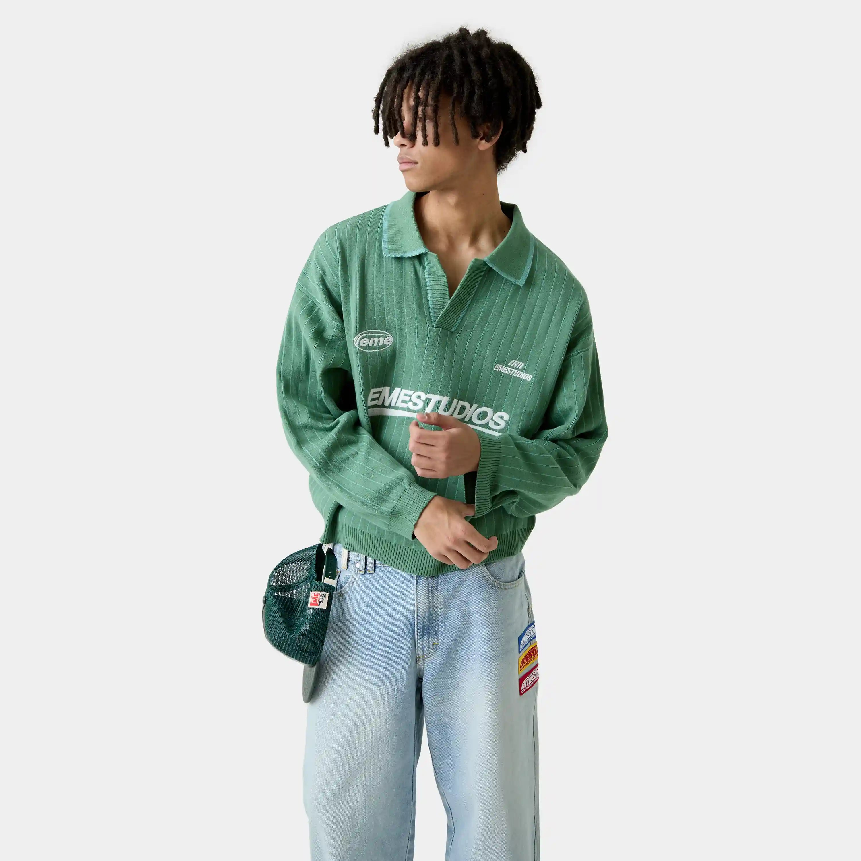 Pinstripe Deep Grass Knit Polo Knitwear Eme Studios