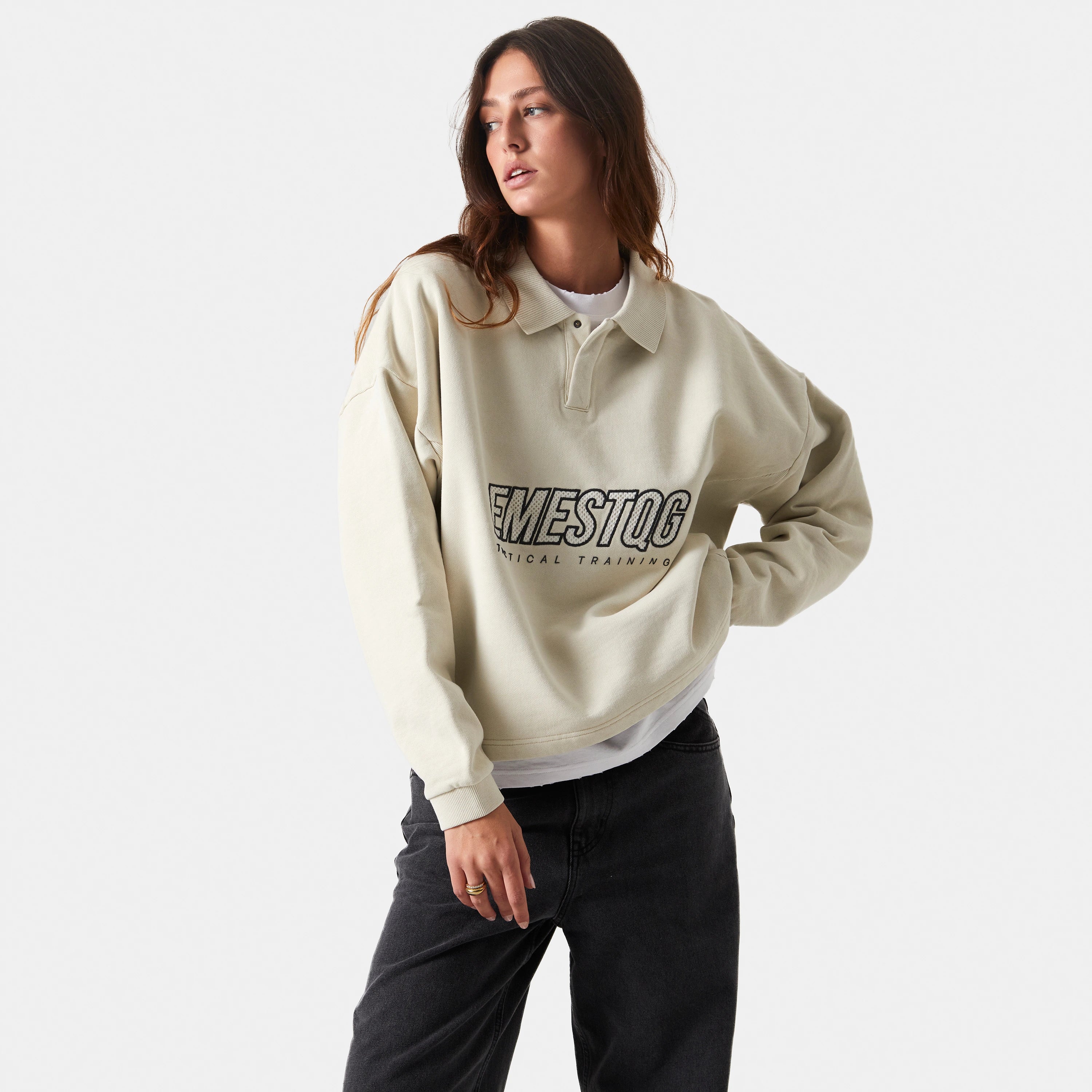 Mesh Off Sand Polo Hoodie Crewneck eme   